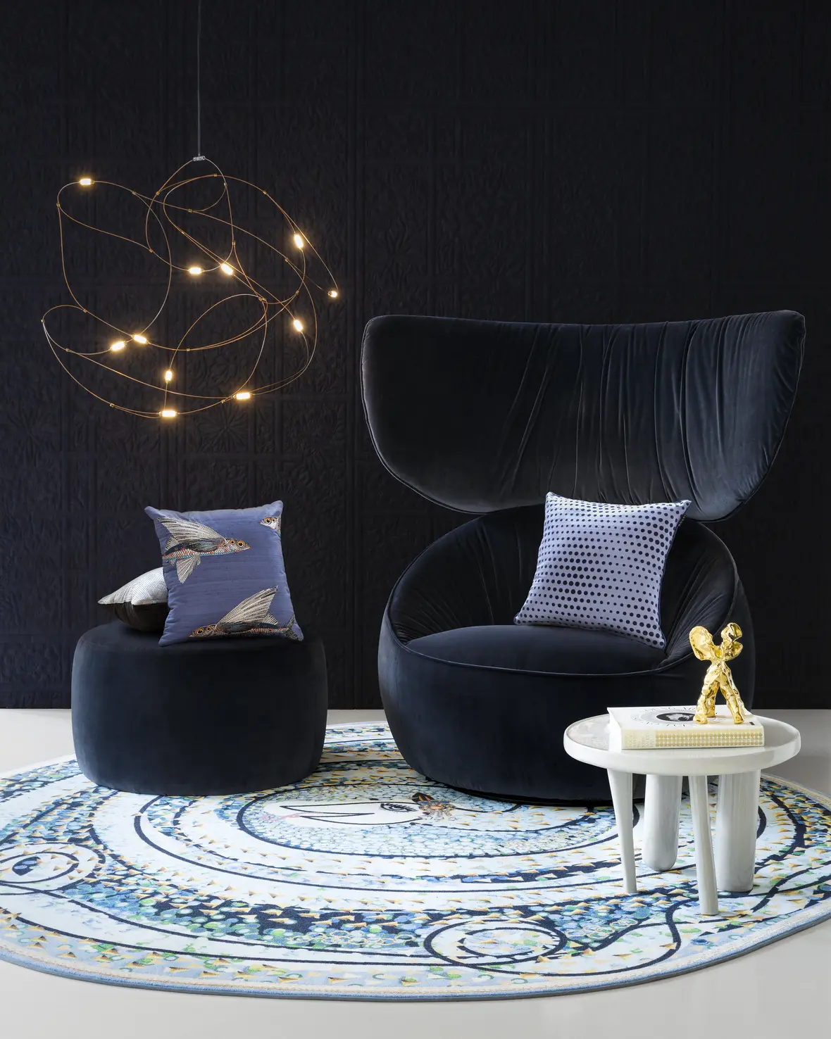 Flying Coral Fish Pillow in Hana Wingback armchair